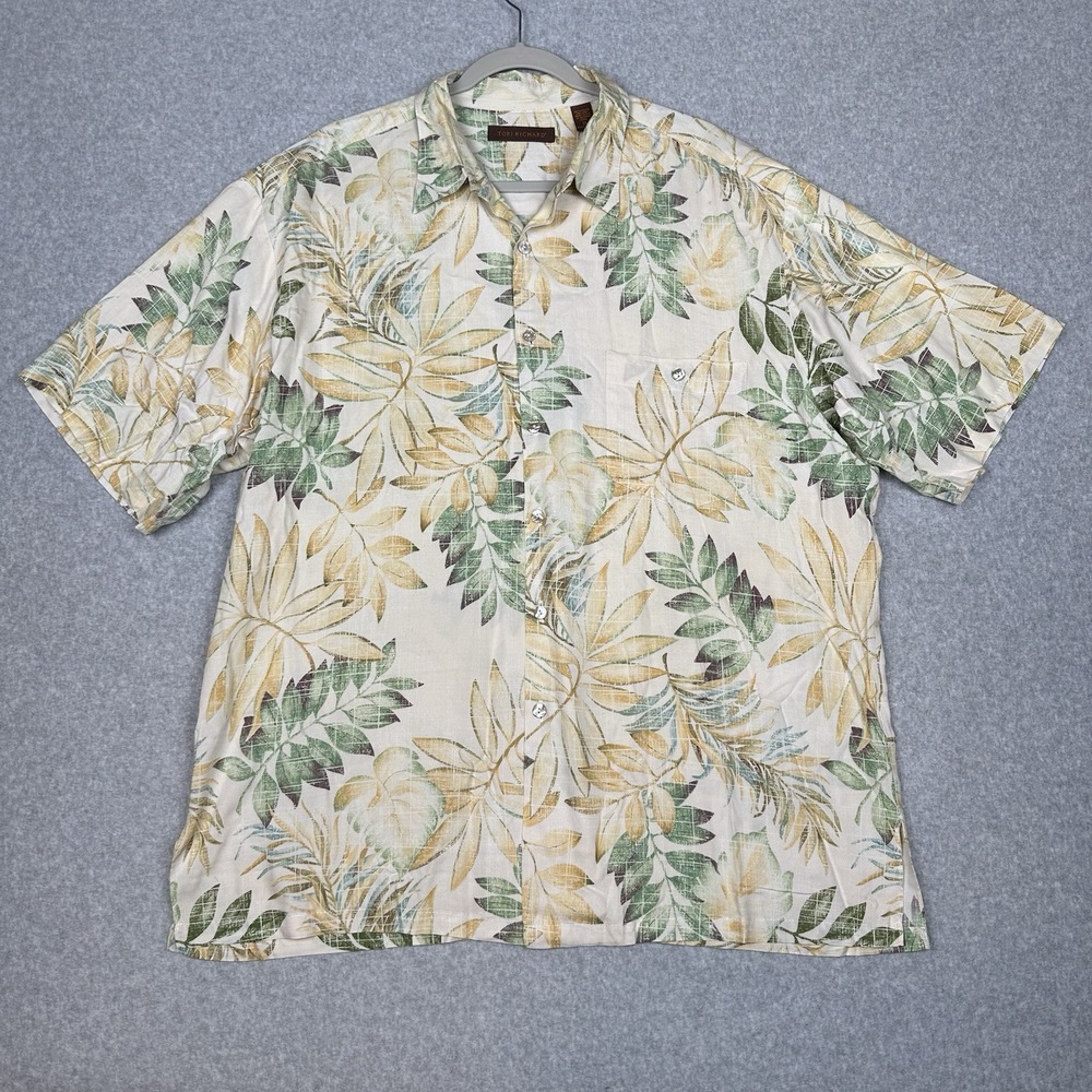 VTG Tori Richard Shirt Mens XL Green Yellow Palms Hawaiian Abalone Buttons‎ USA